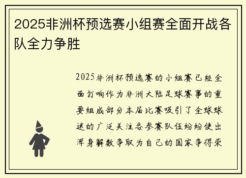 2025非洲杯预选赛小组赛全面开战各队全力争胜