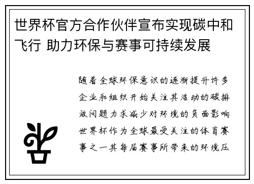 世界杯官方合作伙伴宣布实现碳中和飞行 助力环保与赛事可持续发展 世界杯官方合作伙伴宣布实现碳中和飞行 助力环保与赛事可持续发展